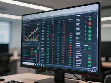 Extreme close-up of a financial analysis dashboard on a wide monitor in an empty modern office, cool overhead fluorescent light, rows of data tables and regional currency charts visible on screen, no people, dark bezel framing the display