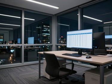 Wide environmental shot of a modern financial office interior at night, empty desk with a large monitor displaying structured spreadsheet data, cool fluorescent overhead light, floor-to-ceiling glass walls reflecting city lights, deep navy and charcoal tones