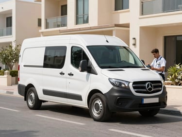 A branded white maintenance service van parked in a clean modern residential street in Dubai, bright afternoon sun, professional commercial photography
