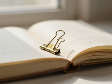 Macro detail of a brass clip holding open a well-worn journal on a sunlit table, soft shadows, warm tones, 35mm