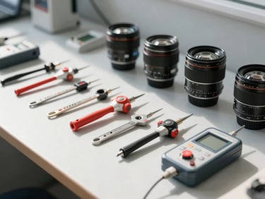 Organized array of electrical testing tools on a clean workbench, high-contrast directional sunlight, cool desaturated tones.
