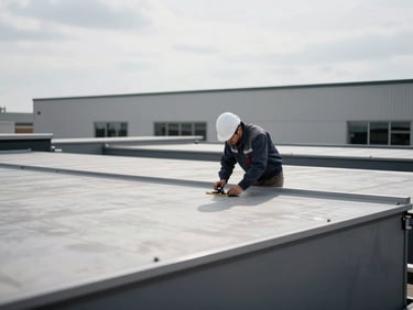 Technician performing a detailed inspection of a commercial building's flat roof, clean overcast daylight, cool desaturated tones, sharp contrast.