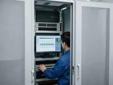 Crisp interior of a server room with a technician observing a monitor displaying electrical system data, cool desaturated tones, sharp contrast.