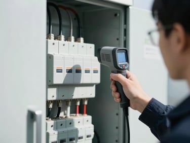 Close-up of a technician using a thermal camera on an electrical panel, high-contrast directional sunlight, cool desaturated tones.