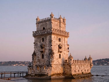A simple elegant setup near the Tagus riverfront in Belém, soft pastel sky at dusk, calm water in the background, 35mm