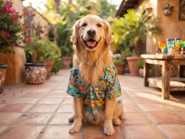 Bright joyful pet photography, eye-level shot of a happy Golden Retriever wearing a colorful Mexican tropical shirt, sitting on a sun-drenched patio, warm natural daylight, shallow depth of field