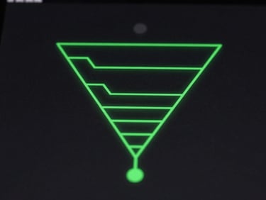 Abstract vector flowchart of a multi-touch ad funnel on a dark interface, sharp neon green lines, technical diagram style