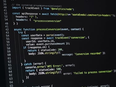 Macro close-up of a dark-mode code editor displaying clean server-side conversion API integration, electric lime highlights, sharp contrast