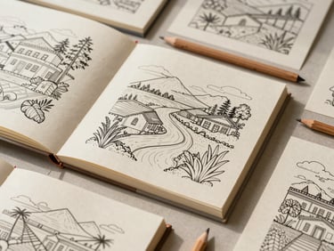 A flat lay of custom-designed hotel coloring books, showing beautifully illustrated local landscapes, textured cream paper, wooden pencils, soft shadows, warm daylight, 35mm