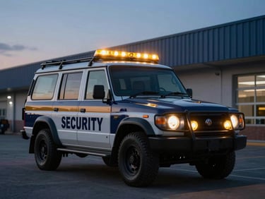 Branded Ghani Shield Security patrol vehicle with amber light bar, illuminated at twilight, parked securely on a commercial property, wide environmental shot, cinematic editorial photography.