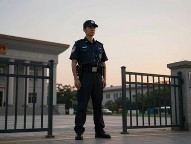 Professional security officer in sharp uniform, standing guard near a secure building perimeter, confident posture, crisp overcast daylight, low-angle heroic framing.