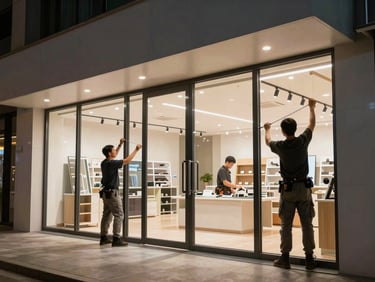 Wide-angle exterior shot of a commercial retail storefront illuminated at night, showing professional installers mounting clear security glazing into dark aluminum frames.