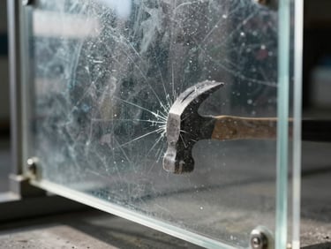 Tight macro shot of a clear polycarbonate panel under high-contrast industrial daylight, showing a hammer impact point with minor surface scuffs but zero cracking, structural frame visible.