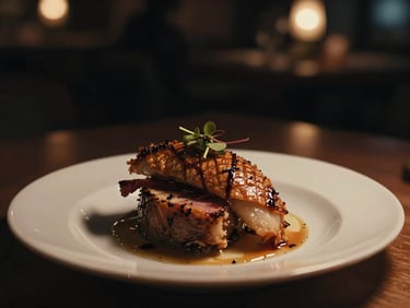 Moody cinematic photography of a beautifully plated gourmet dish, dramatic low-key lighting, deep shadows, rich warm tones, shallow depth of field, 35mm. Close-up on textured food under warm spotlights.