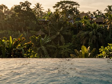 A wide environmental portrait of a private infinity pool overlooking the lush green jungle of Ubud, Bali, during golden hour, warm natural light, 35mm.