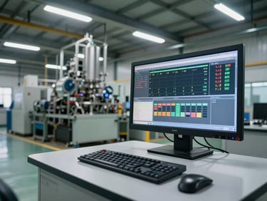 Wide environmental shot looking across a factory floor control station, a large monitor displaying a live operational dashboard with numeric readouts and status indicators in the foreground, industrial machinery visible in the background under bright overhead fluorescent lighting, framed from a low angle to emphasize the scale of the room