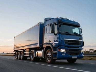 Low-angle heroic shot of a modern heavy-duty truck on a clean Brazilian highway at sunrise, professional industrial photography, deep blue and slate tones, 35mm lens