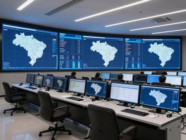 Wide-angle view of a professional logistics control center, glowing digital tracking screens displaying Brazilian maps, clean technical atmosphere