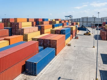 Sharp industrial photography of clean, aligned 20ft and 40ft steel shipping containers in a secure yard under bright, clear daylight, wide-angle architectural framing, 35mm