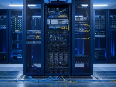 Wide shot of a modern, clean server rack with subtle blue ambient backlighting, sharp corporate technology photography, cool studio lighting, deep navy and electric blue tones, clean professional depth of field.