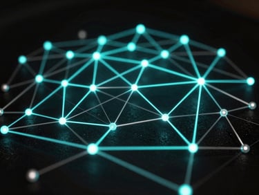 Abstract geometric node network glowing with cyan light on a dark background, representing digital connectivity, 35mm.