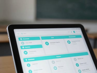Close-up of an iPad showing clean administrative dashboards with cyan indicators, minimalist classroom background, 35mm.