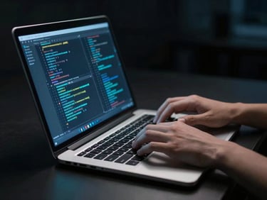 Hands of an educator typing on a sleek metallic laptop with glowing code on screen, dark ambient lighting, 35mm.