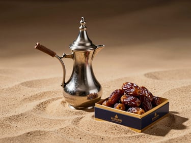 Close-up product photography of an elegant Arabian coffee pot (dallah) and a box of premium dates, on a sand-toned background, high-contrast.