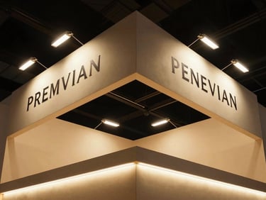 Low-angle shot of a premium food exhibition stand, elegant design, warm ambient lighting, showcasing product, sharp focus.