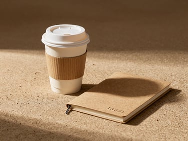 Product photography of a reusable bamboo coffee cup and a plantable seed paper notebook, arranged on a natural, textured surface with soft, warm lighting.
