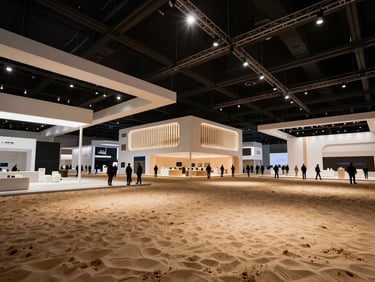 Wide shot of a modern, bustling exhibition hall in Dubai, high-contrast lighting, architectural details, warm sand tones, sharp focus.