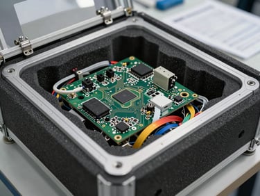 Close-up wide shot of a flight-ready payload enclosure on a lab workbench, precision circuit boards and sensor modules visible inside an open aluminum housing, clean overhead lighting casting sharp definition on solder points and ribbon cables, matte black foam cutouts framing the hardware, engineering documentation visible out of focus in the background