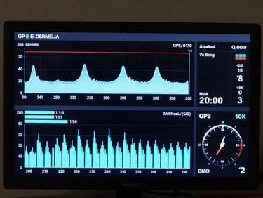 High-contrast telemetry dashboard display—dark terminal interface showing live altitude trace, GPS coordinates, temperature and pressure readouts, signal strength bar, mission elapsed time counter; photographed straight-on, clean dark background, electric-blue data lines