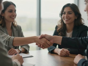Close-up of two women shaking hands warmly across a table at a partnership meeting, relaxed and genuine, natural window light, documentary candid framing, no staged poses