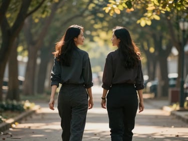 Two women walking side by side outdoors on a tree-lined path, mid-conversation, golden hour light filtering through leaves, relaxed pace, documentary medium shot from behind