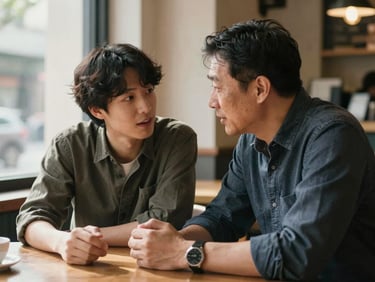 Medium shot of a mentor and mentee seated together at a café table, leaning in during an animated conversation, warm natural light from a nearby window, documentary style, genuine connection visible