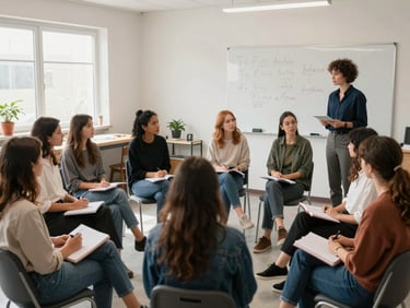 Women seated in a circle in a bright workshop room, notebooks open, one facilitator standing near a whiteboard, natural light, candid wide shot of the group engaged in discussion