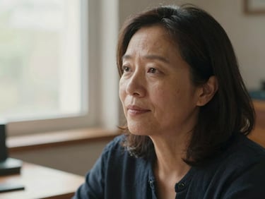 Documentary close-up, a woman in her late forties seated at a desk near a window, glancing slightly off-camera mid-thought, natural daylight, warm interior tones, no posed smile, candid and present