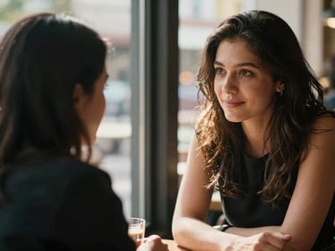 Close-up of two women mid-conversation at a café table, one leaning forward with hands clasped, natural window light falling across their faces, warm afternoon glow, candid documentary framing