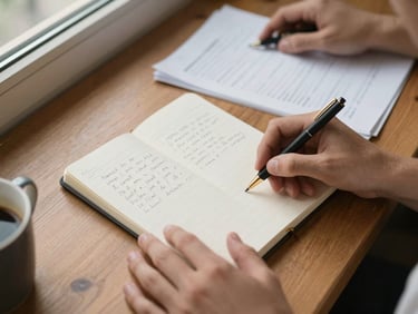 Overhead close-up of two pairs of hands resting on a shared notebook at a wooden table, one hand pointing to handwritten notes, warm window light from the upper left, papers and a coffee cup at the edge of frame, intimate and collaborative, documentary style