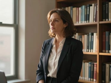 Documentary medium shot, a woman in her early fifties standing near a bookshelf in a small office, looking slightly to the side in thought, warm afternoon light from a side window, relaxed and grounded, no posed smile