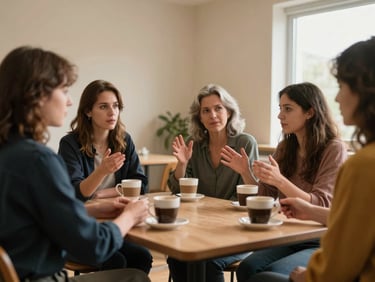 Medium environmental shot of four women around a small table in a warmly lit community room, hands visible mid-gesture, coffee cups on the table, window light from the right, candid documentary framing