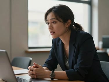 Documentary close-up, a woman in her mid-thirties leaning forward across a table in a bright co-working space, hands clasped, engaged in conversation, window light from behind, warm documentary tones, candid and unposed