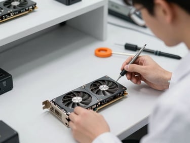 A professional technician using precision tools to inspect a graphics card on an ESD-safe workbench in a clean, organized shop.