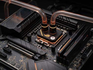 Macro close-up of a pristine motherboard with glowing orange accents on liquid cooling tubes, clean studio lighting, shallow depth of field.