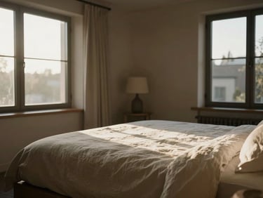 Serene boutique hotel room interior, soft linen sheets, warm morning sunlight filtering through large windows, minimalist design