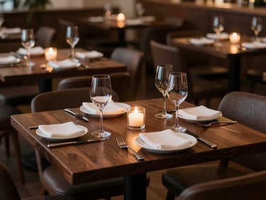 Moody restaurant interior, dark wood tables, soft candlelight, elegant glassware, warm intimate atmosphere