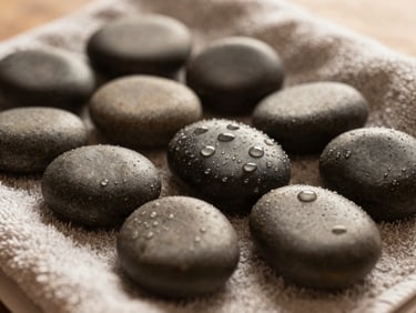 Close-up of smooth basalt stones resting on soft towels in a serene spa setting, warm ambient lighting, water droplets