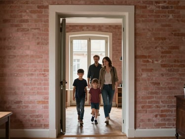 Medium shot of a family walking through the entrance hall of a lived-in Toulouse home during a property viewing, rose brick wall visible through an open doorway, north-facing window light, documentary feel