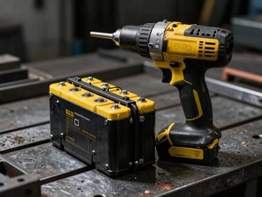 Gritty industrial photography of a high-capacity lithium-ion battery pack slotted into a heavy-duty impact driver on a steel workbench, hard side-lighting, high-contrast black and yellow tones, 35mm.
